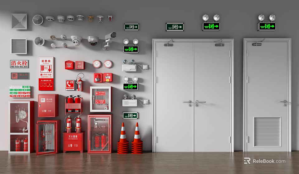 Complete Fire Safety Equipment Set With Extinguishers Exit Signs Emergency Lights And Safety Doors 3d model 