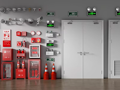Complete Fire Safety Equipment Set With Extinguishers Exit Signs Emergency Lights And Safety Doors 3d model