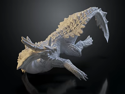 Fantasy Mythical Creature 3D Model With Scaled Body Spiked Back And Winged Limbs 3d model