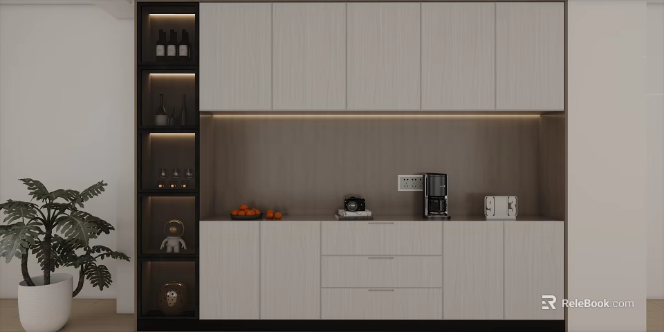 Modern Kitchen Interior With Light Cabinets Countertop LED Lighting And Oranges Decor 3d model 