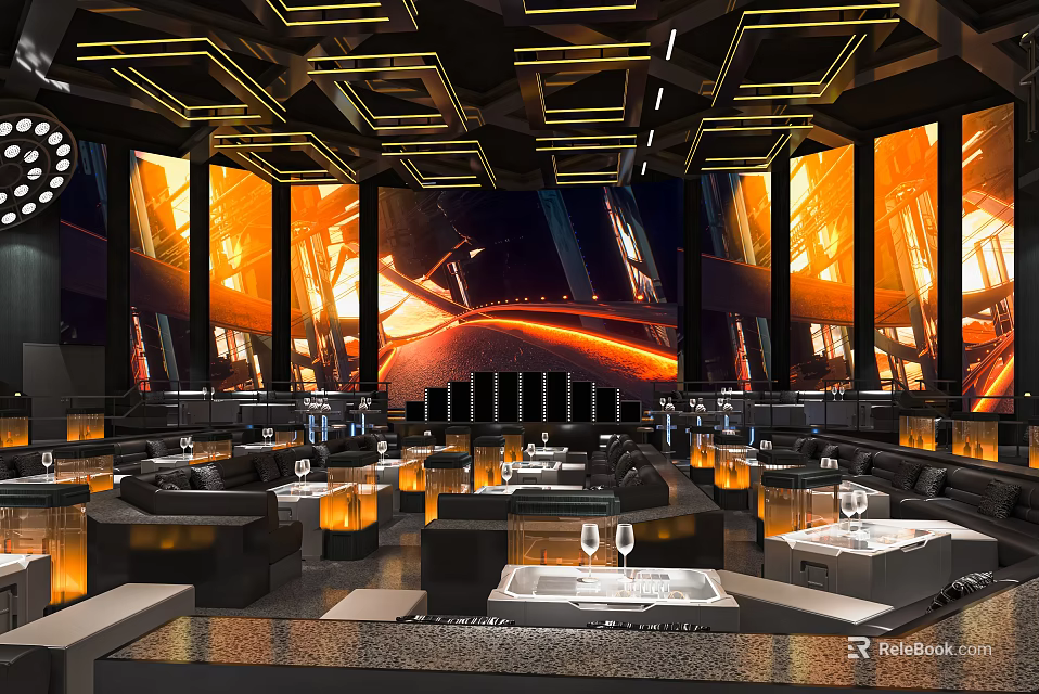 Modern Futuristic Bar Interior With Large Screens Ambient Lighting Comfortable Sofas And Wine Glasses 3d model 