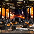 Modern Futuristic Bar Interior With Large Screens Ambient Lighting Comfortable Sofas And Wine Glasses