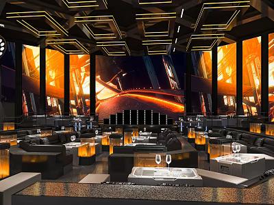 Modern Futuristic Bar Interior With Large Screens Ambient Lighting Comfortable Sofas And Wine Glasses 3d model