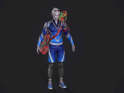 Man with silver hair wearing blue sportswear carrying red and green equipment in futuristic style 3d model