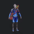 Man with silver hair wearing blue sportswear carrying red and green equipment in futuristic style