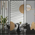 Modern Room Divider Design With Geometric Patterns Gold Accents And Indoor Plants