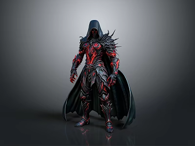 Man as Fantasy Warrior in Black Armor with Red Patterns Hood and Cloak 3d model