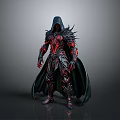 Man as Fantasy Warrior in Black Armor with Red Patterns Hood and Cloak