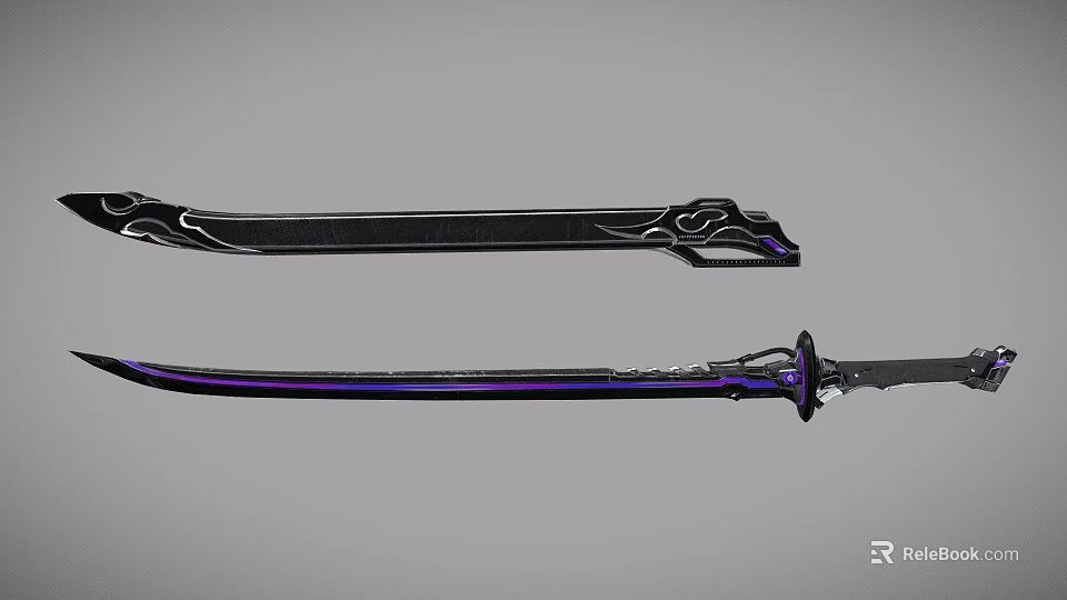Black And Purple Decorative Sword With Intricate Hilt And Sharp Blade Design 3d model 