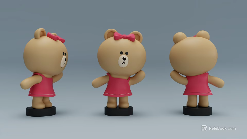 Brown Teddy Bear Doll In Pink Dress With Pink Bow Three Angle Views 3d model 