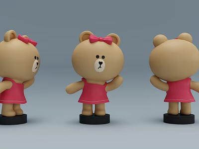 Brown Teddy Bear Doll In Pink Dress With Pink Bow Three Angle Views 3d model