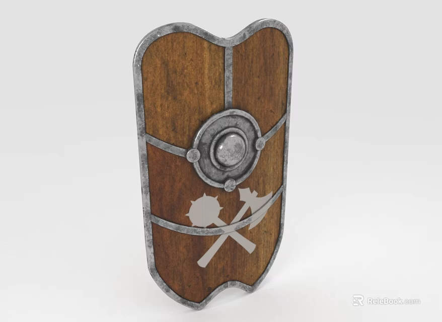 Vintage Wooden Shield With Metal Frame Circular Ornament And Crossed Tools 3d model 
