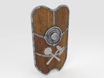 Vintage Wooden Shield With Metal Frame Circular Ornament And Crossed Tools 3d model