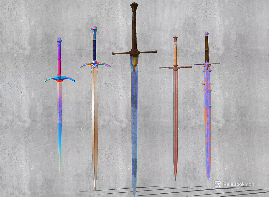 Different Colored Swords With Various Designs Displayed On Grey Wall 3d model 