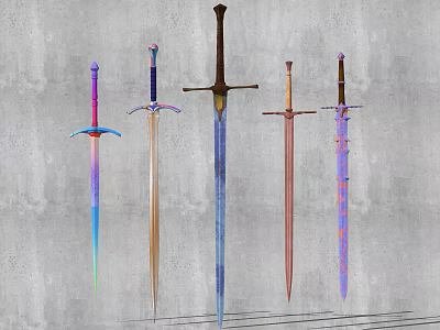 Different Colored Swords With Various Designs Displayed On Grey Wall 3d model