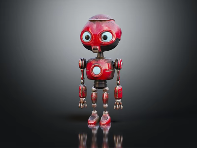 Red Robot Character With Big Eyes And Metallic Body Standing On Reflective Surface 3d model