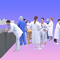 Man as Medical Professional With Team in White Coats And Blue Scrubs Around Long Table