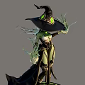 Mystical Game Movie Character With Wide Brimmed Hat Green Hair And Green Magical Flames
