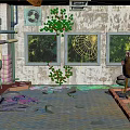 Industrial Indoor Scene With Rusted Metal Tanks Broken Windows Green Plants And Water Floor