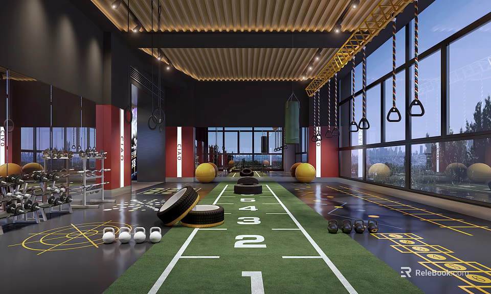 Fitness Gym Workout Area With Green Track Yellow Balls Gym Rings Barbells And Large Windows 3d model 