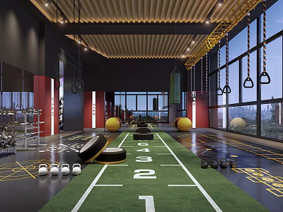Fitness Gym Workout Area With Green Track Yellow Balls Gym Rings Barbells And Large Windows 3d model