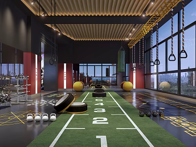 Fitness Gym Workout Area With Green Track Yellow Balls Gym Rings Barbells And Large Windows 3d model