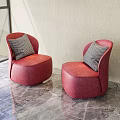 Red Single Sofa with Geometric Pattern Cushion against Light Colored Wall and Marble Floor 3d model