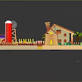 Vibrant Cartoon Scene With Farm Fields House Windmill Pond And Palm Trees