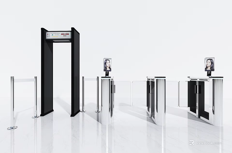 Modern Public Facility Security Check With Metal Detector Gate And Facial Recognition Turnstiles 3d model 