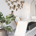 Modern Elegant Reception Area With White Desk Unique Ceiling Golden Decor And Brown Curved Sofa