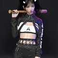 Woman Wearing Black Jacket and White Crop Top with Pigtails White Horns Holding Baseball Bat