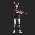 Anime Style Game Character With Cat Ears Hoodie Holding Rifle And Leg Tattoos