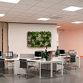 Modern Public Office Space With Glass Partitions Orange Interior Sofa And Desks