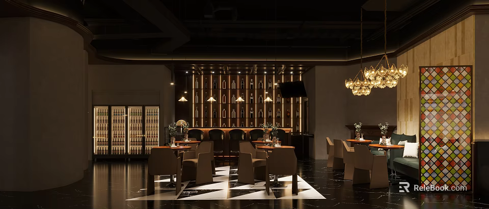 Modern Restaurant Interior Featuring Wine Racks Bar Counter And Chandeliers Dining Tables 3d model 