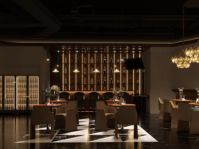 Modern Restaurant Interior Featuring Wine Racks Bar Counter And Chandeliers Dining Tables 3d model