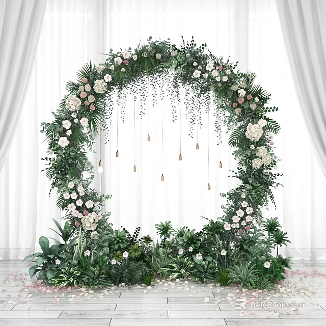 Elegant Floral Arch With Greenery White Pink Blooms Hanging Lights And White Curtains Decor 3d model 