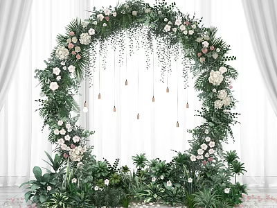 Elegant Floral Arch With Greenery White Pink Blooms Hanging Lights And White Curtains Decor 3d model