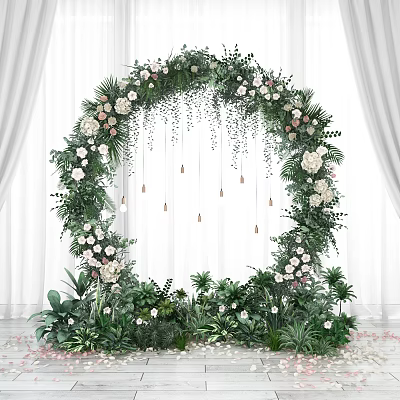 Elegant Floral Arch With Greenery White Pink Blooms Hanging Lights And White Curtains Decor 3d model