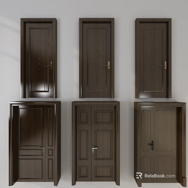 Dark Brown Wooden Double Doors with Smaller Panels Featuring Different Design Elements for Interior Decoration 3d model