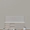 Dinnerware Set With Bowls Plates Cups Jars Coffee Maker Blender On White Cabinet Wooden Floor