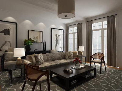 Elegant Bright Modern Living Room With Cozy Fabric Sofa Art Pieces And Large Floor Windows 3d model