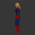 Female Superhero With Blonde Hair In Blue Costume Red Gloves Red Boots And Red Cape