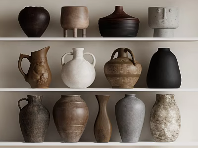 Decorative Ceramic Vessels On Shelves Featuring Various Colors Shapes And Textures 3d model
