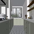 Modern Kitchen Interior With Green Cabinets White Countertops And Black White Floor Tiles