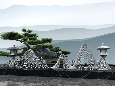 Decorative Garden Ornament with Metal Mountain Structures Pine Trees Stone Lanterns and Landscape Background 3d model