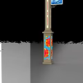 Outdoor Street Light with Multiple White Bulbs on Golden Pole and Blue Sign Decorations