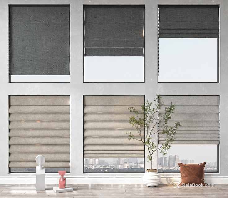 Modern Roman Blinds in Neutral Tones for Windows with City View and Indoor Green Plants 3d model 