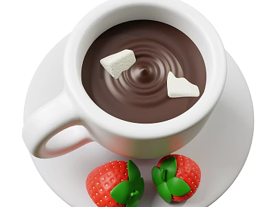Creamy Hot Chocolate With Marshmallows In White Cup And Fresh Strawberries 3d model