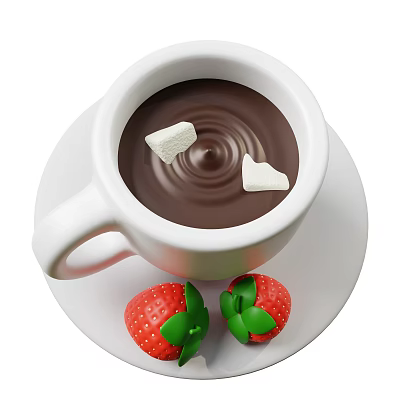 Creamy Hot Chocolate With Marshmallows In White Cup And Fresh Strawberries 3d model