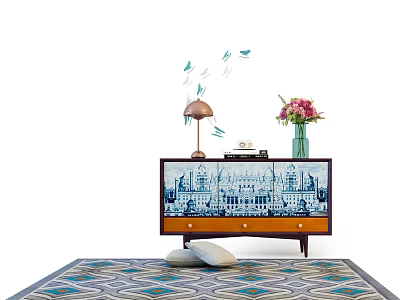 Stylish Console Cabinet With Blue Orange Cityscape Brass Lamp Pink Flower Vase And Geometric Rug 3d model
